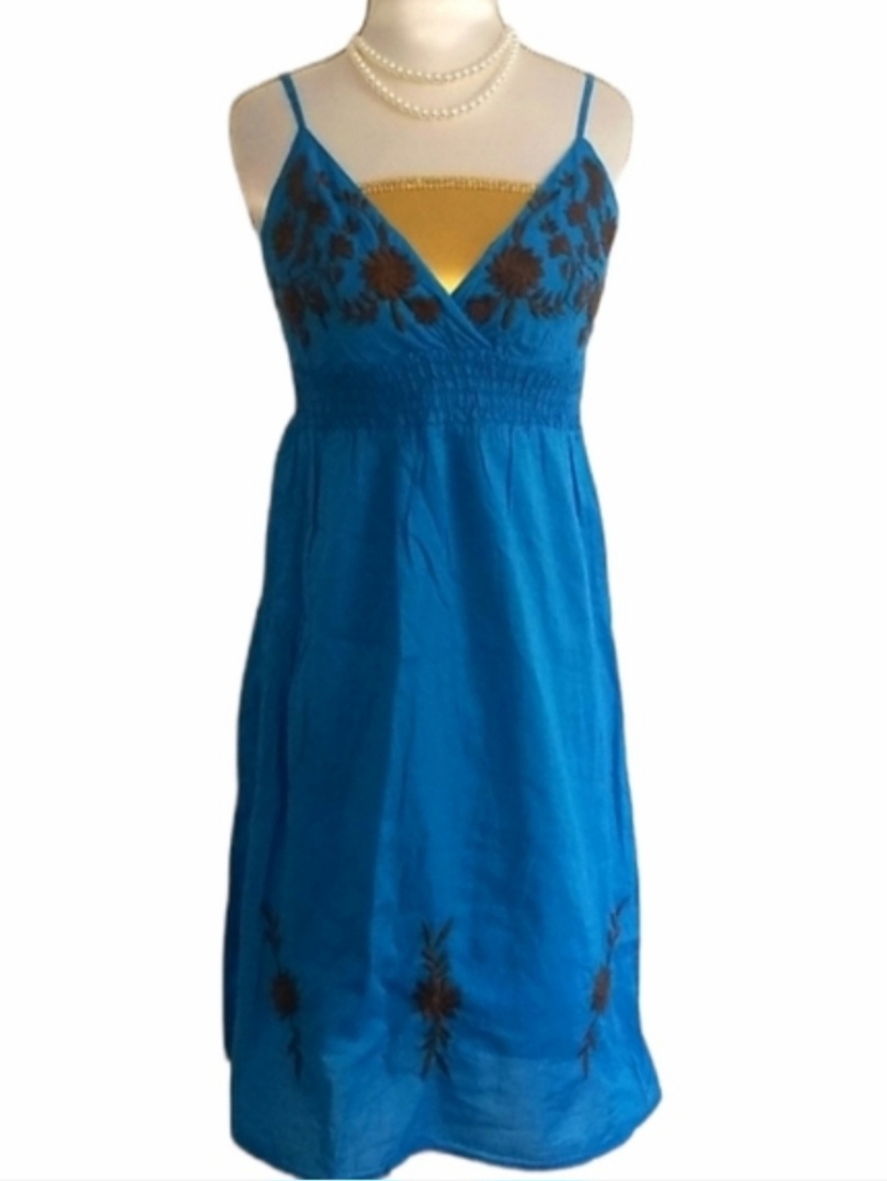 Ocean Breeze Aqua Blue Cotton Boho Floral Embroidered Spaghetti-Strap Dress NWT